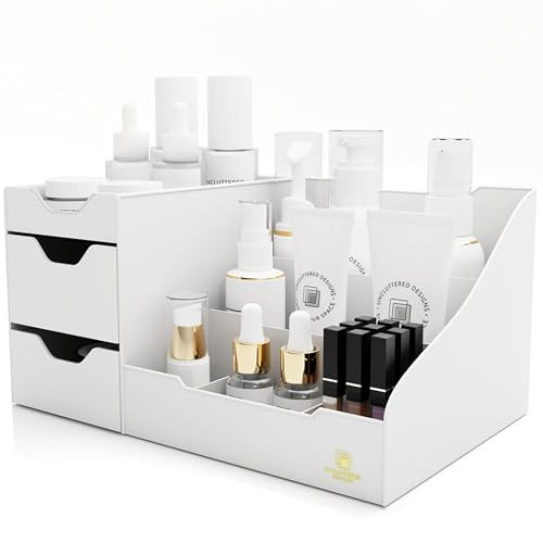 Uncluttered Designs Large Makeup Organizer for Vanity Countertop Desk With Drawers for Cosmetic Beauty Hair Nail Perfume